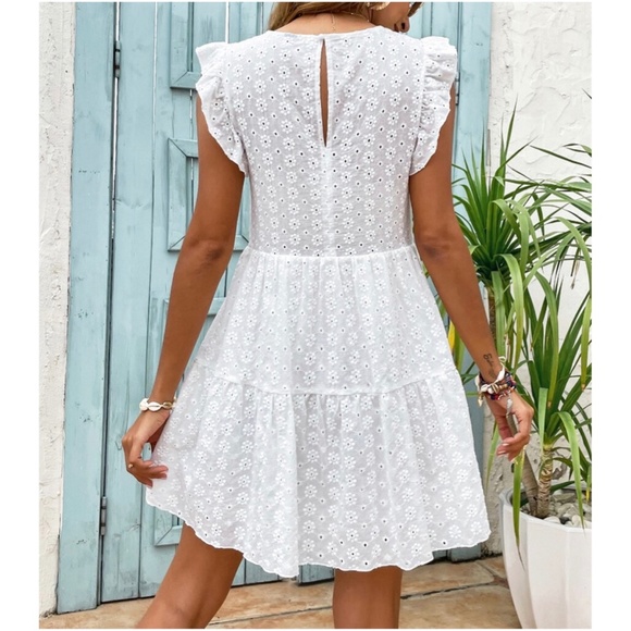 Boho White Floral Embroidered Ruffle Sleeve Dress - Picture 5 of 6